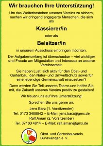 Aufruf zur Unterstützung Kassier und Beisitzer Obst- und Gartenbauverein Bünzwangen e. V.