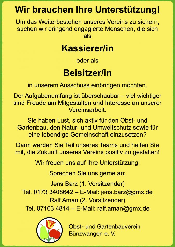 Aufruf zur Unterstützung Kassier und Beisitzer Obst- und Gartenbauverein Bünzwangen e. V.